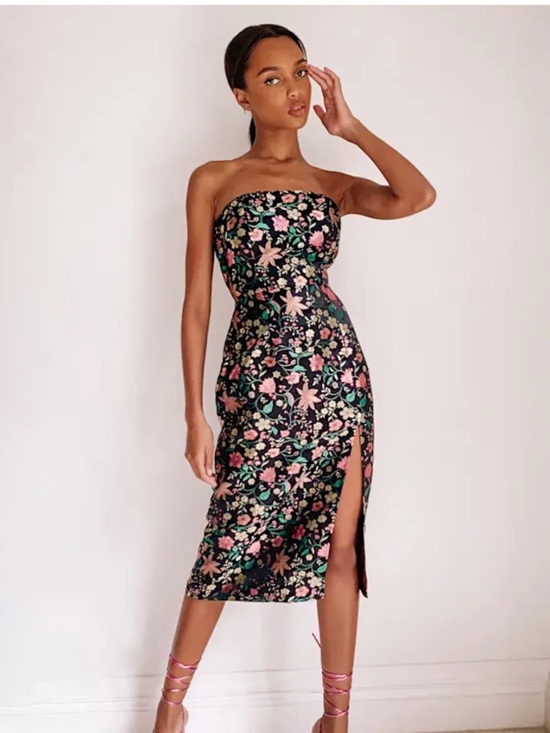 Lulus Dresses & Skirts - Lulu’s Make a Move Black Satin Floral Jacquard Strapless Midi Dress